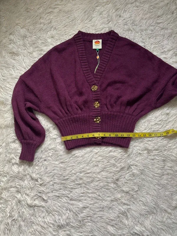 FARM Rio Burgundy Rib-Knit Button Front V-Neck Balloon Sleeve Women’s Cardigan M - Image 7