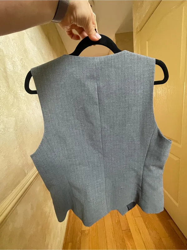Zara Gray Pinstripe Tailored Asymmetrical Vest Sz L Quiet Luxury Old Money Core - Image 5