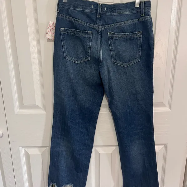 We The Free Dark Indigo Distressed Raw-Hem Straight Jeans NWT Waist 25" - Image 4