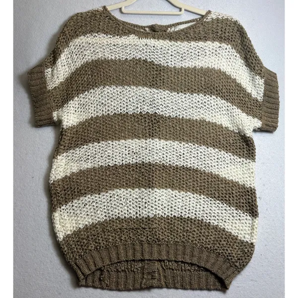 Forever 21 Women Brown White Striped Open Knit Button Back Sweater Medium - Image 3
