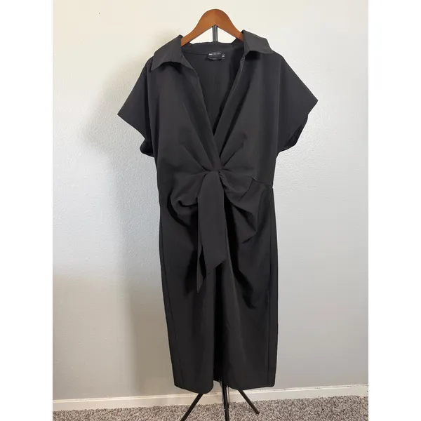 ASOS DESIGN Black Short Sleeve Knot Front Midi Dress US 14 V-Neck Collar - Image 5