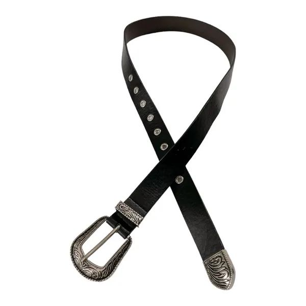 Black Leather Western Engraved Silver Buckle Belt | Size 27 | Boho Cowgirl - Image 2