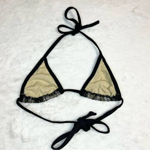 Black Mesh Silver Glitter Sequin Tiny Triangle String Bikini Top Size Small - Image 8