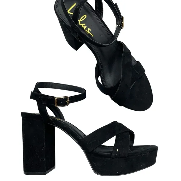 Lulus Black Faux Suede Chunky Heel Platform Heels Womens 8.5 Y2K 90s Peep Toe - Image 2
