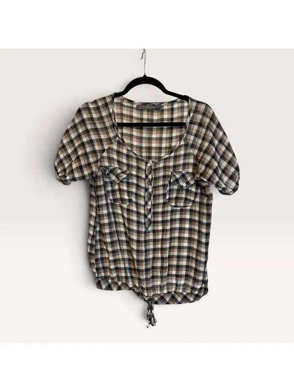Zara Basic Women's Brown and Navy Blue Plaid Button - Image 2