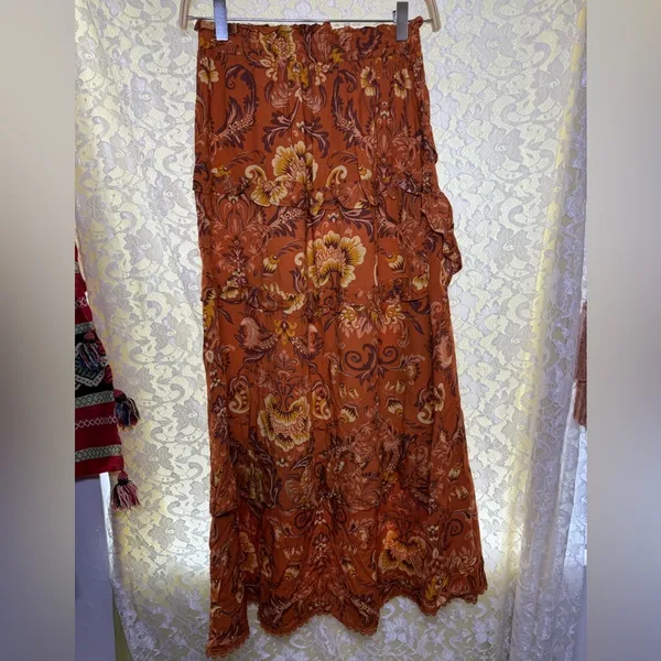 Floral Ruffle midi Skirt - Brown orange yellow medium / small - Image 6