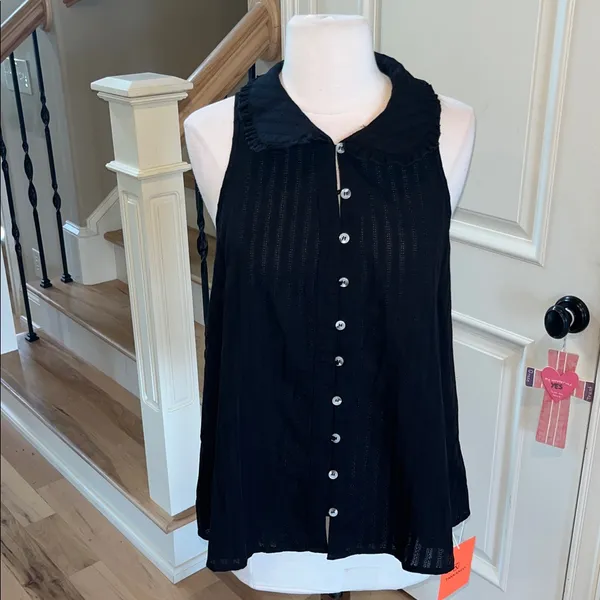 Black Cotton Sleeveless Flowy Button Up Blouse New - Image 11
