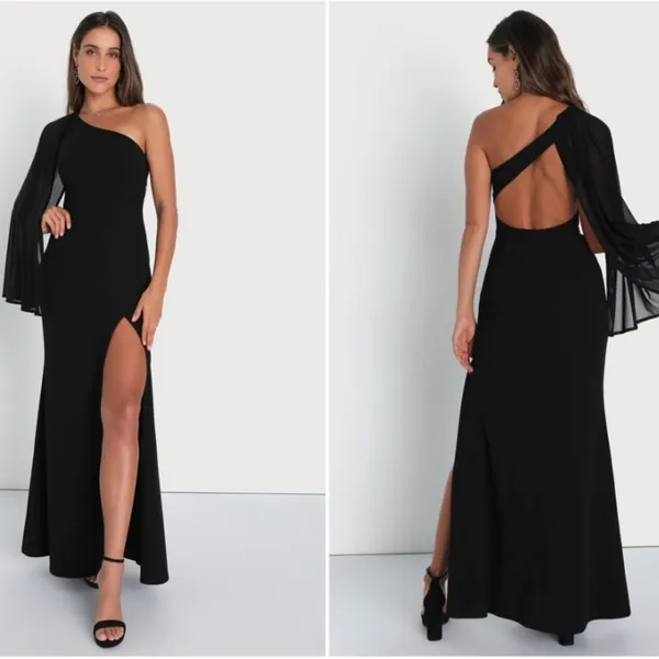 LULU's Sexy Prom Wedding Sophisticated Elegant One Shoulder Cape Maxi Dress - Image 2