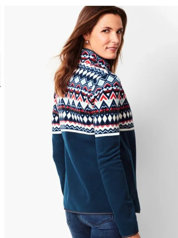 Talbots Women's Size Medium Fair Isle‎ Polar Fleece Jacket Navy Blue Full Zip - Image 2