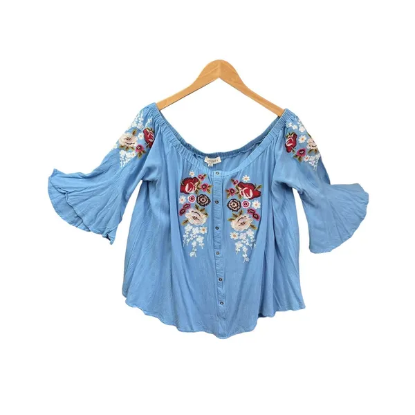 Umgee Blue Floral Embroidered‎ Off The Shoulder Bell Sleeve Blouse XL WG0914 - Image 2