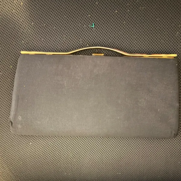 Vintage Black Satin Evening Clutch‎ Bag Gold Tone Frame Wavy Top Bar Formal - Image 7
