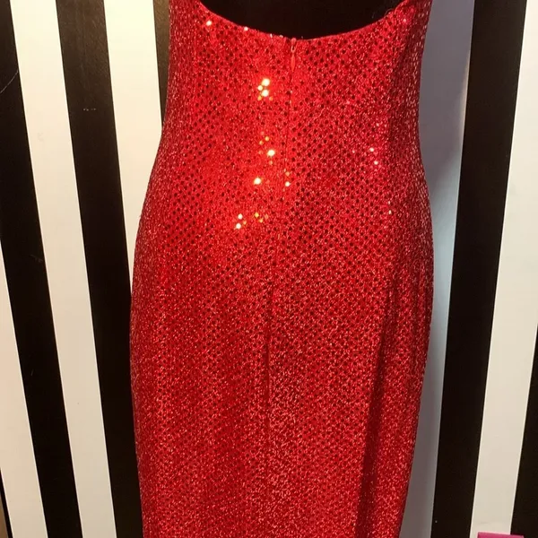 Sexy Retro Vintage 90s Red Sequin Floor Length Formal Gown Halter Neck Leg Slit - Image 11