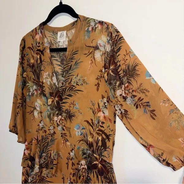 Anthropologie dRA Sheer Blouson Dress S Neutral Floral Chiffon Ruffle Office - Image 4