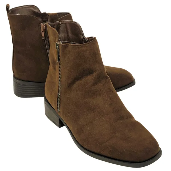 Short Brown Faux Suede Booties Zipper Boots Square Toe by JUSTFAB ~ Women's 8 - Image 2