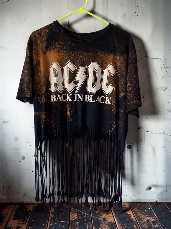 AC/DC Back in Black Bleached Fringe Band Tee Rock Grunge XL - Image 7