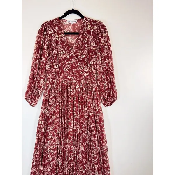 En Saison Womens Dress Red Maxi V Neck Floral Puff Sleeve Pleated Fairycore XS - Image 5