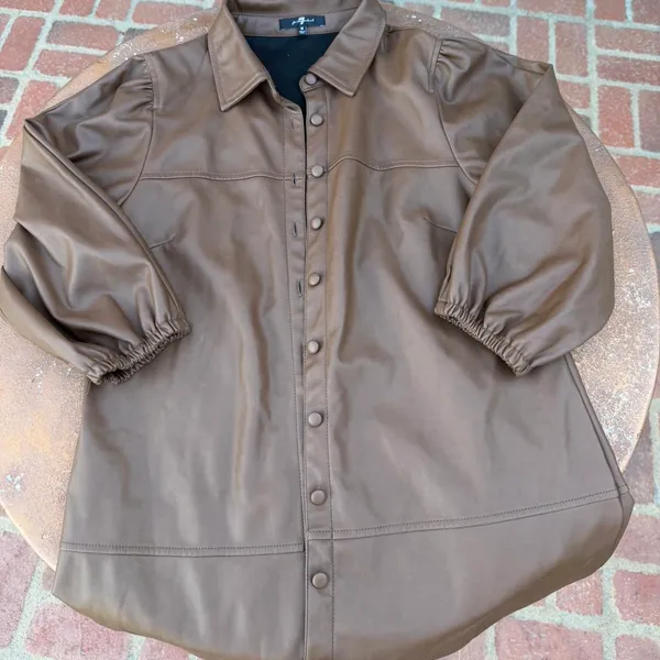 7 For All Mankind brown faux leather balloon sleeve button up front coat M #preppy #oldmoney #professor #minimalist - Image 4