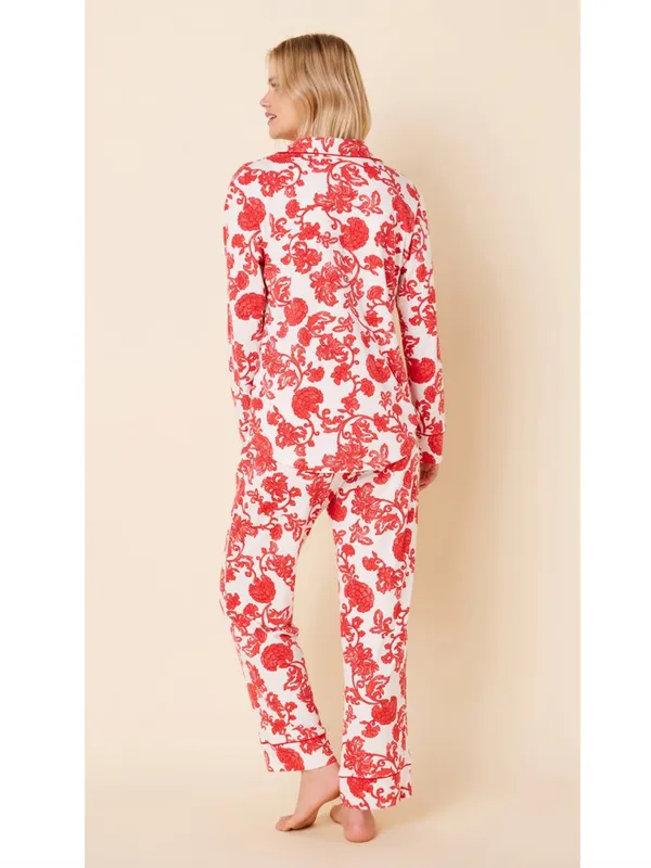The Cat's Pajamas Chrysantheme Pima Knit Cotton Classic Pajama Set in Red - Image 2