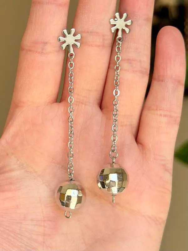 Handmade disco ball funky cute y2k boho chain dangle earrings🤍 - Image 2