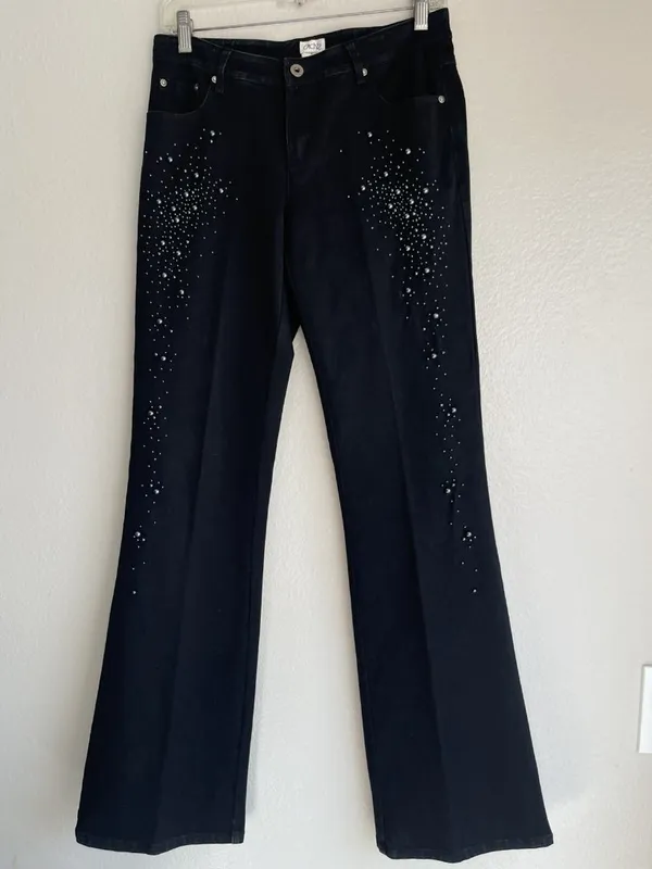 Cache Embellished Flare Jeans Size 4 Y2K Faux Pearl Beaded Black Denim Pants - Image 14