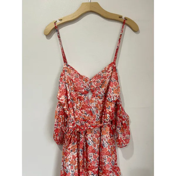 Lulus Posh Petals Red Floral Lurex Cold Shoulder Maxi Dress Size Large‎ Boho - Image 9