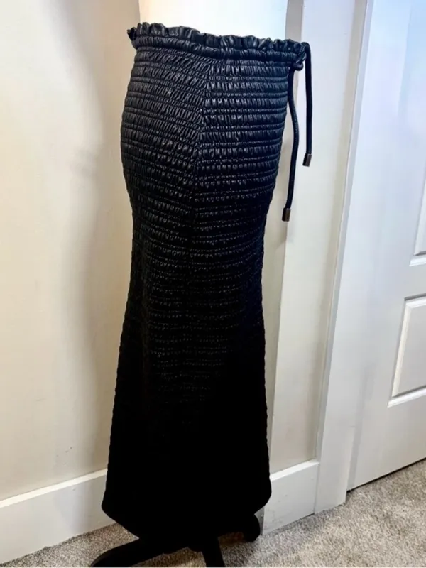 ALC Frank Jaclyn Vegan Leather Smocked Midi Pencil Skirt Black Tie Waist Sz 6 - Image 4