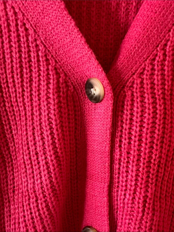 Women’s Hot Pink V-Neck Button Cardigan Sweater - Image 3