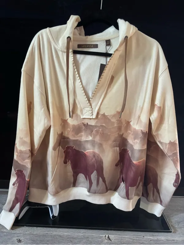 Shyanne Cream & Brown Horse-Print Hooded V-Neck Pullover - Image 4