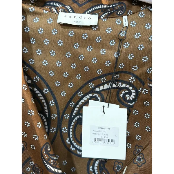NWT Sandro Aurelie Paisley Silk Shirt Dress Brown Bandana Print Ruffle 40 L - Image 4