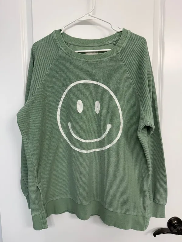 Altar’d State Green Ribbed Smiley Face Oversized Pullover S - Image 3