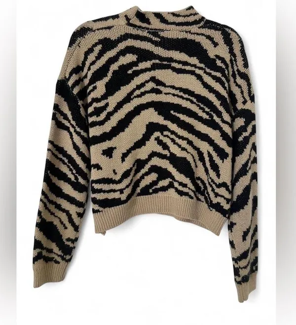 SheIn Women’s Zebra Stripe Sweater Medium Drop Shoulder Long Sleeve Tan Black Acrylic - Image 5