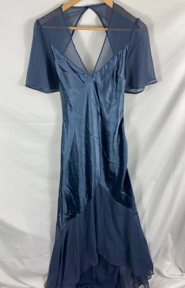 Topshop Satin Mixed Fabric Hi Low Maxi Dress Navy Size 6 - Image 3
