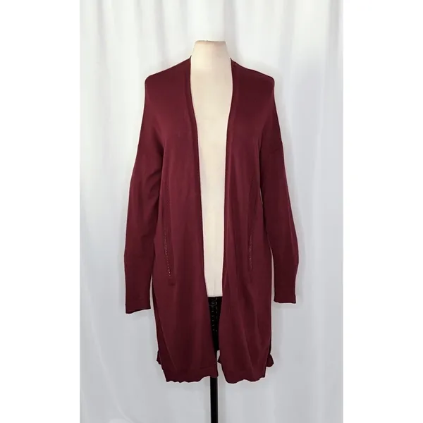 By ANTHROPOLOGIE Pointelle‎ Long Cardigan Sweater Purple Burgundy Cottage Medium - Image 2