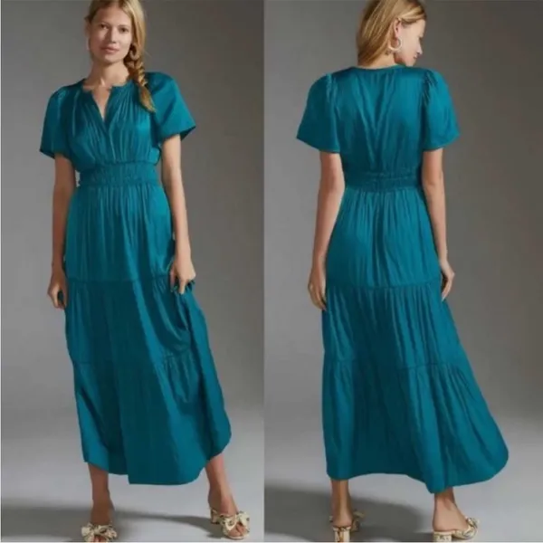 Anthropologie The Somerset Silky Satin Tiered Midi Dress in Size XS - Image 2