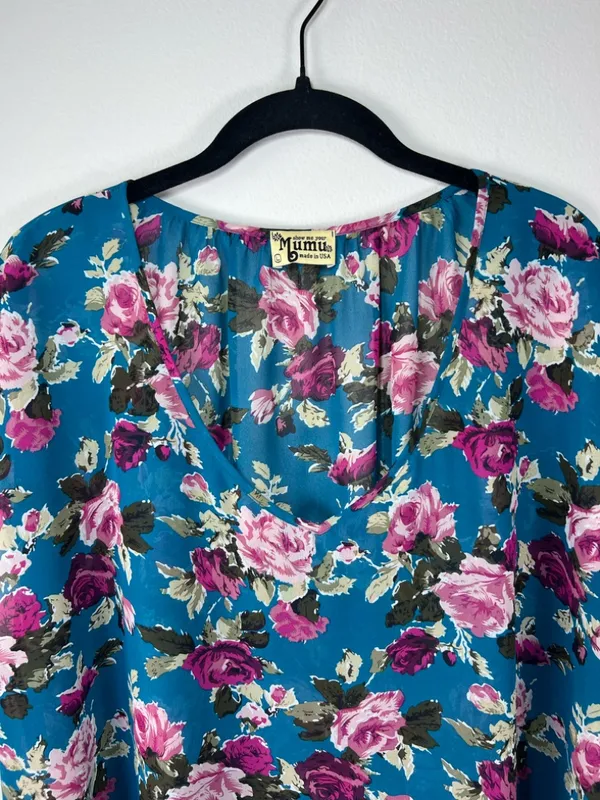 Show Me Your Mumu Floral Blouse Tunic Teal Semi Sheer Romantic Whimsical USA Lg - Image 2