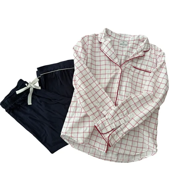 Petite Plume Women's Small Red Windowpane Cotton Pajama Top Button Front Sleep - Image 5