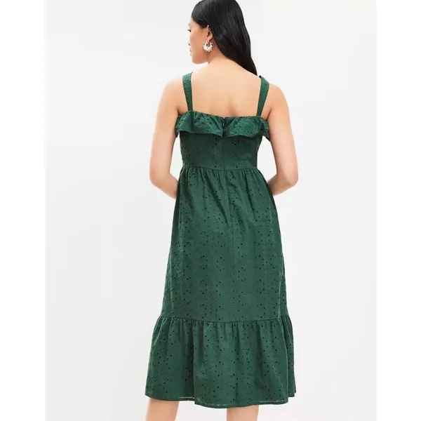 Loft Green Eyelet Ruffle Square Neck Sleeveless Cotton Midi Sundress Size 10 - Image 2