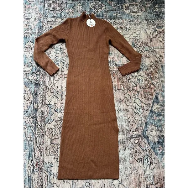 Anrabess NWT Ribbed Mock Neck Bodycon Midi Dress in Brown Size Small - Image 9