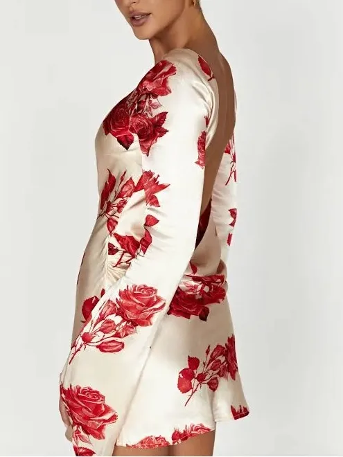 NWT MESHKI Davina satin long sleeve mini open back rose print dress size XS - Image 4
