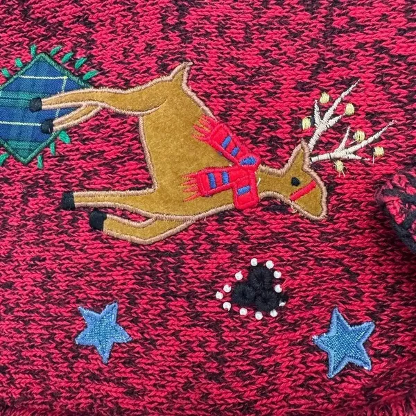 Vintage Red Christmas Sweater Vest Snowmen Reindeer Plaid Knit Size M Festive - Image 3