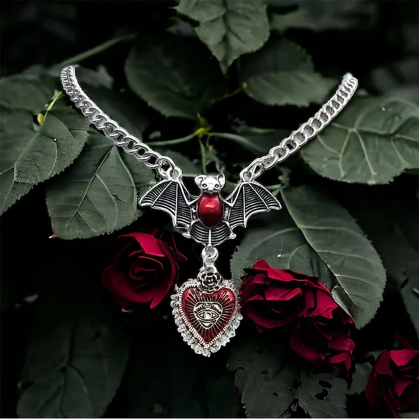Gothic Red Bat Devil Eye Heart Pendant Silver Plated‎ Necklace Fashion Jewelry - Image 2