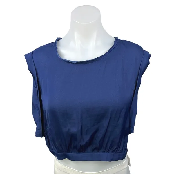 NEW Free People Silk Satin Remi Smokey Sapphire Cuffed Cap Sleeve Crop Top Sz L - Image 2