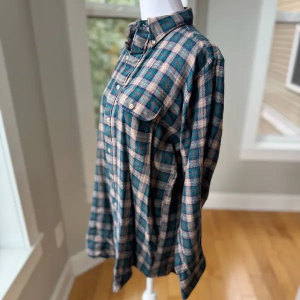 Vintage Lands End Tan Green Purple Plaid Wool Cotton Button Down Flannel Shirt M - Image 2
