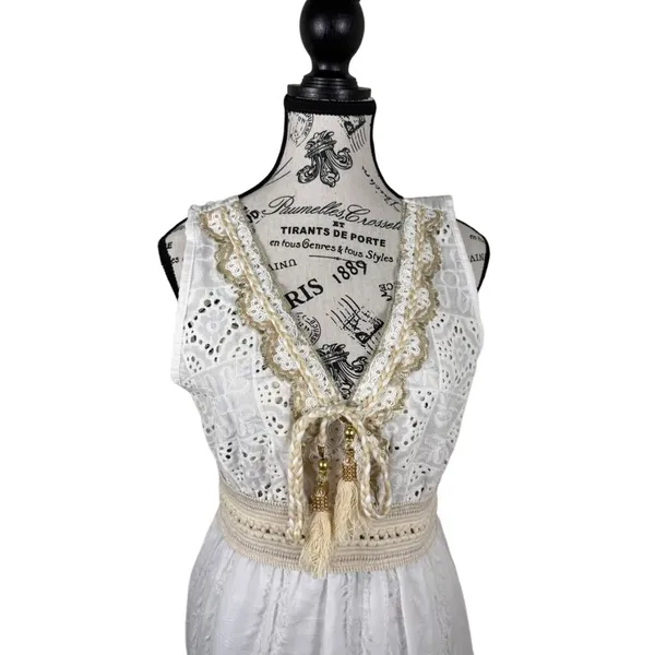 White Eyelet Lace Midi Dress S Boho Crochet Tie Front Made in Italy ART 6163 - Image 8
