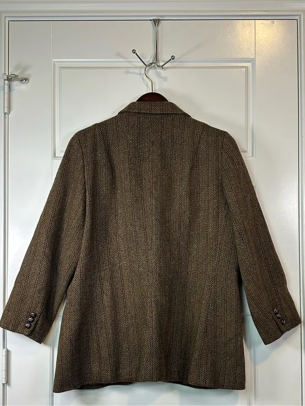 Vintage 2000s Rafaella Women’s Brown Herringbone Tweed Wool Blazer Size 16 - Image 2