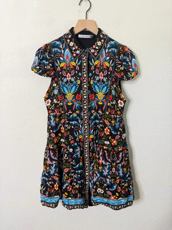 Alice + Olivia‎ Meeko Embroidered Tiered Floral Print Crepe Mini Shirt Dress 4 - Image 5