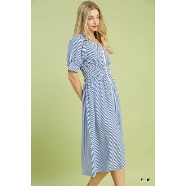 Umgee Striped Midi Dress with Front Zipper - Blue‎ - Medium - Image 2