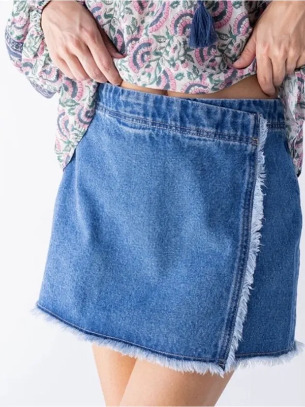NEW! Natural Life Denim Wrap Style Crossover Frayed Hem Cotton Mini Skirt Medium - Image 3