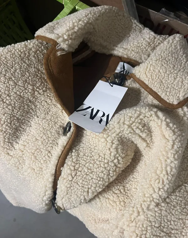 ZARA Tan Brown Cream Sherpa Suede Leather Button Down Coat Jacket - Image 12