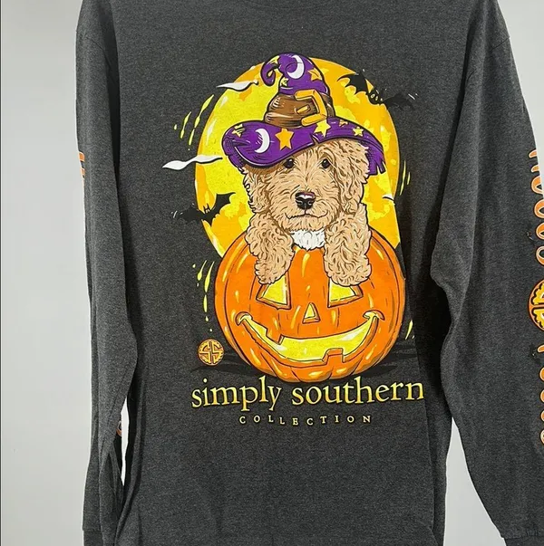 Simply Southern Gray Orange Long Sleeve Tee with Halloween dog hocks pocus M - Image 3